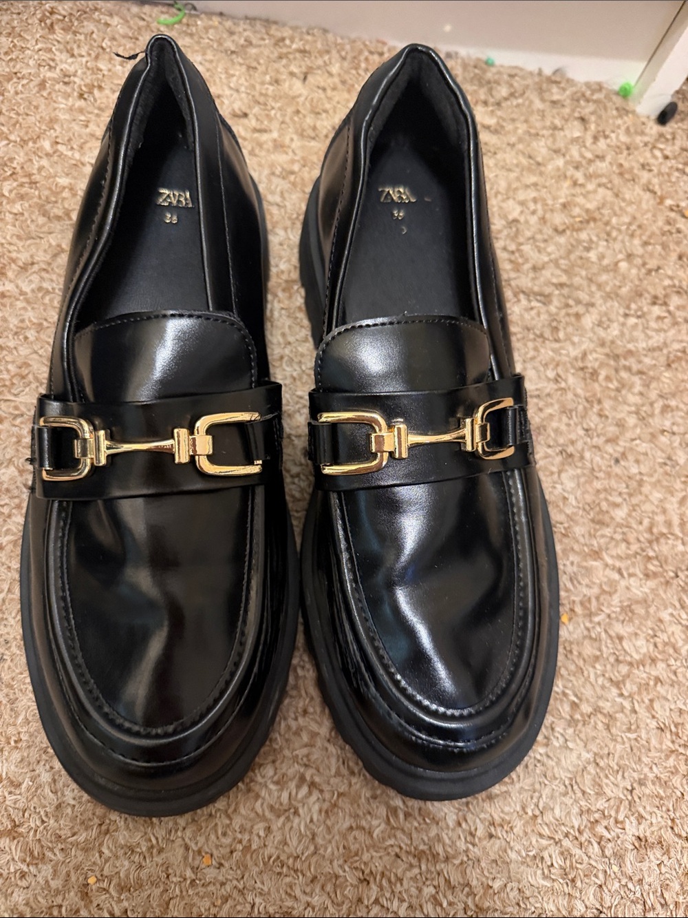 Zara Black Leather Loafers with Gold Buckle Detail